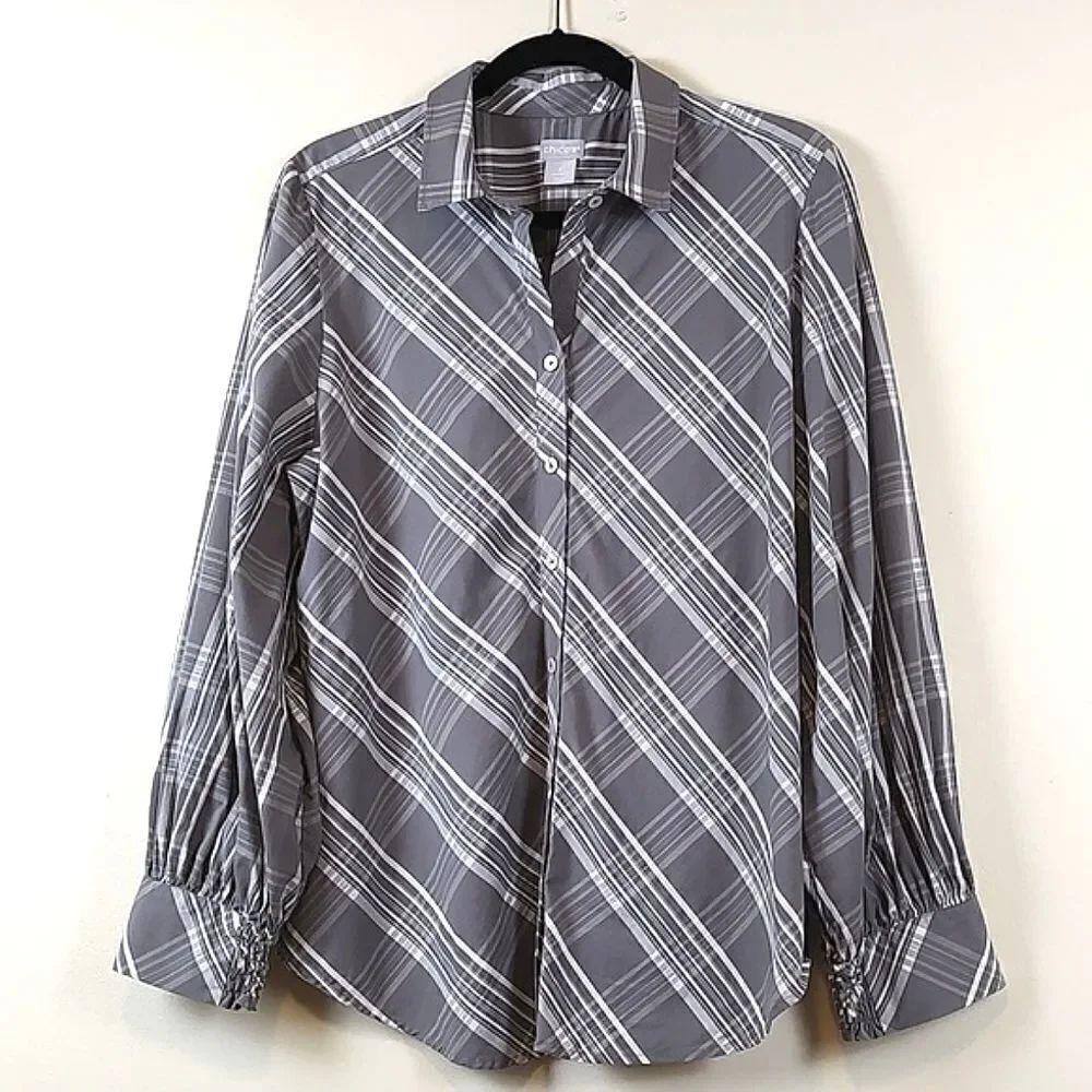 Chico's Billow Sleeve Gray & White Plaid Poplin Button Front Blouse Size 12